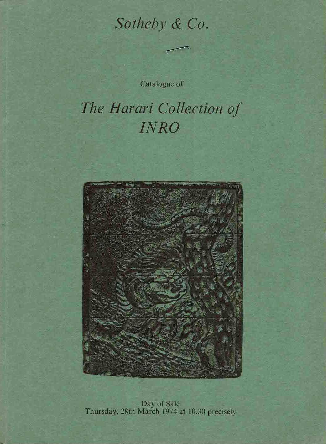 Sotheby & Co. - Catalogue of the Harari Collection of Inro. Sold by the executors of the late Mrs. Manya Harari comprising examples from 17th to the 19th centuries and including an interesting series of Inro from the Korin-Soetsu school, series from the Haritsu, Kajikawa, Koma, Toyo and other major schools. Rare inro with subjects taken from paintings and ukiyo-e woodblock prints. Inro in a comprehensive range of materials including lacquer, metal, ivory, wood and tortoiseshell.
